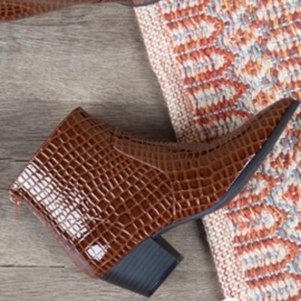 Chocolate Brown Croc Embossed Ankle Boots - Picture 6 of 6